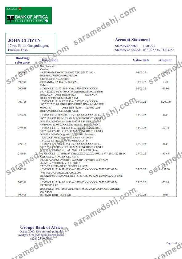 Burkina Faso Bank of Africa bank statement template, Word and PDF format